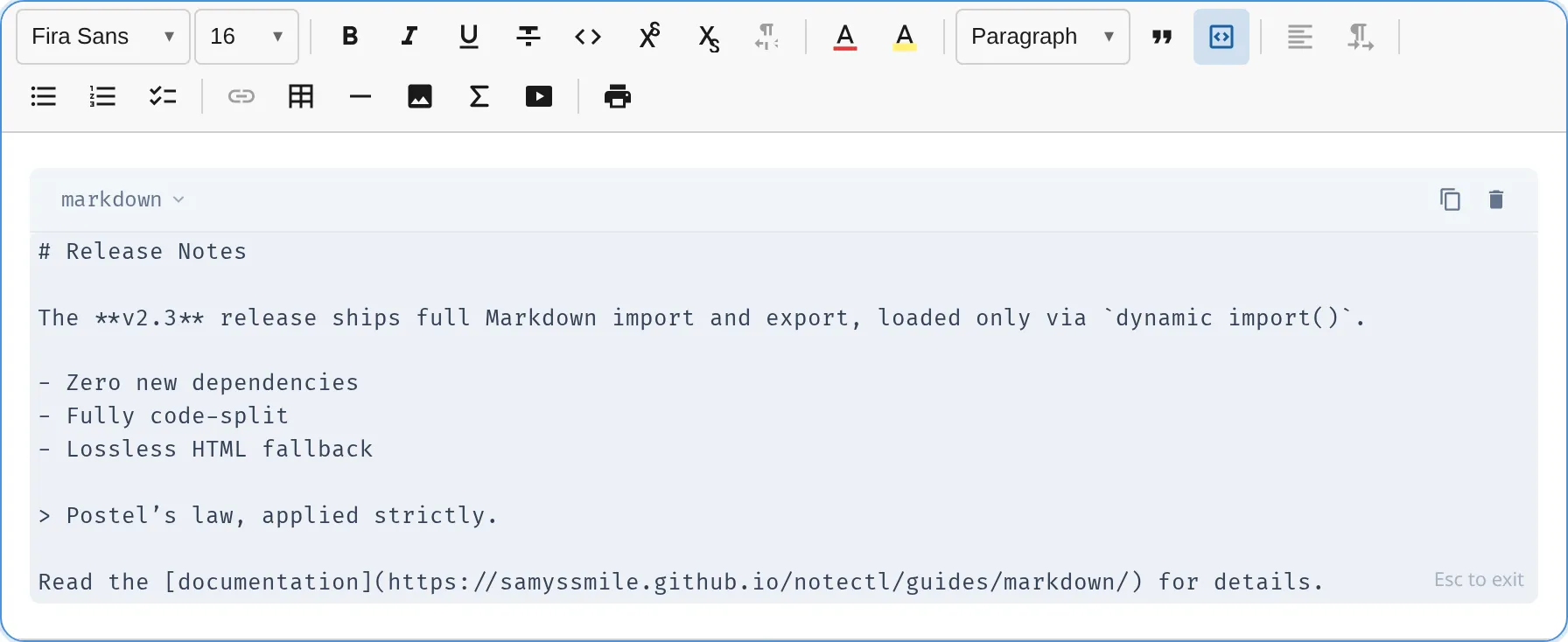 Markdown source shown in a code block: a heading, bold text, inline code, a bulleted list, a blockquote, and a link