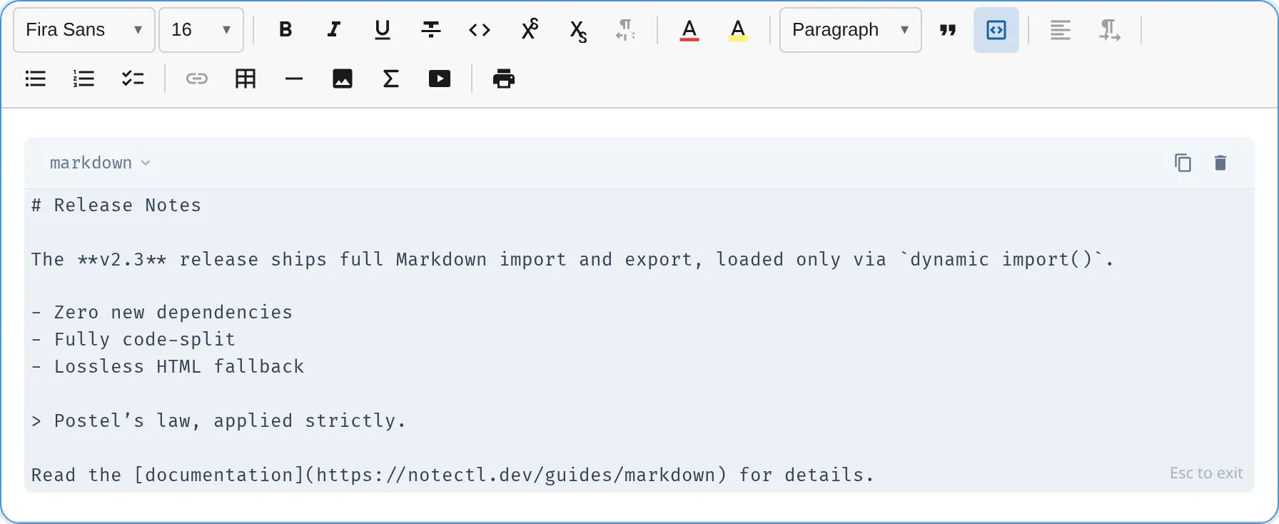 Markdown source shown in a code block: a heading, bold text, inline code, a bulleted list, a blockquote, and a link
