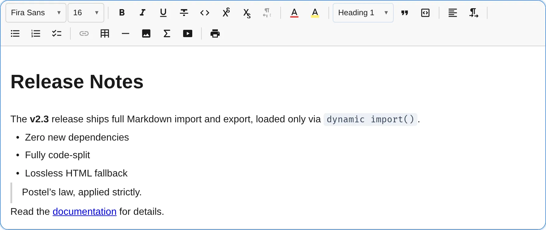 The same source after setContentMarkdown(): a rendered heading, bold text, inline code, a bullet list, a blockquote, and a clickable link