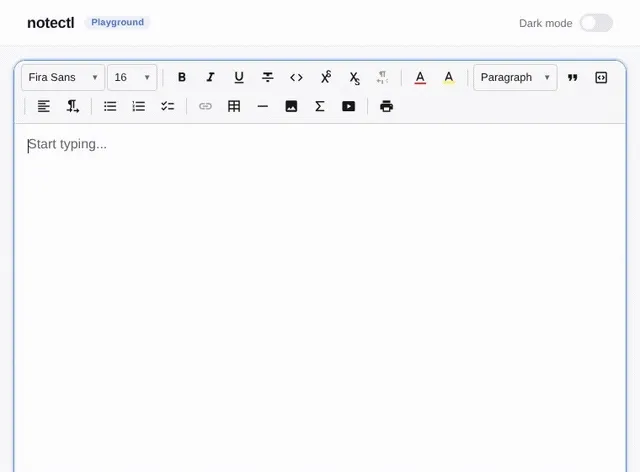 Animated recording of live Markdown typing in the notectl editor: a hash and space become a heading, double asterisks become bold text, double tildes become strikethrough, an angle bracket and space become a blockquote, and triple backticks become a code block, each converting instantly as it is typed