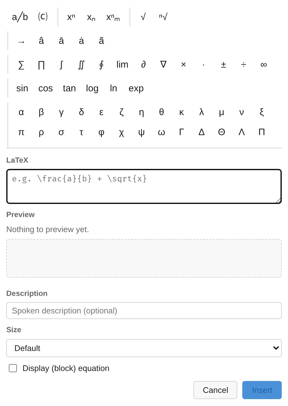 The formula editor popup with its structural palette of fractions, accents, operators, functions, and Greek letters