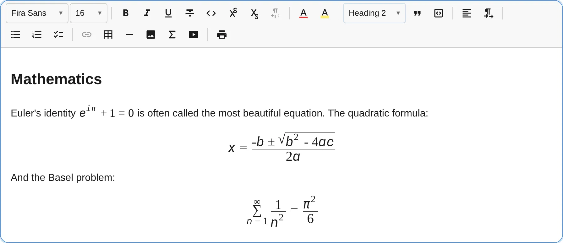 Formula plugin showing inline and display math