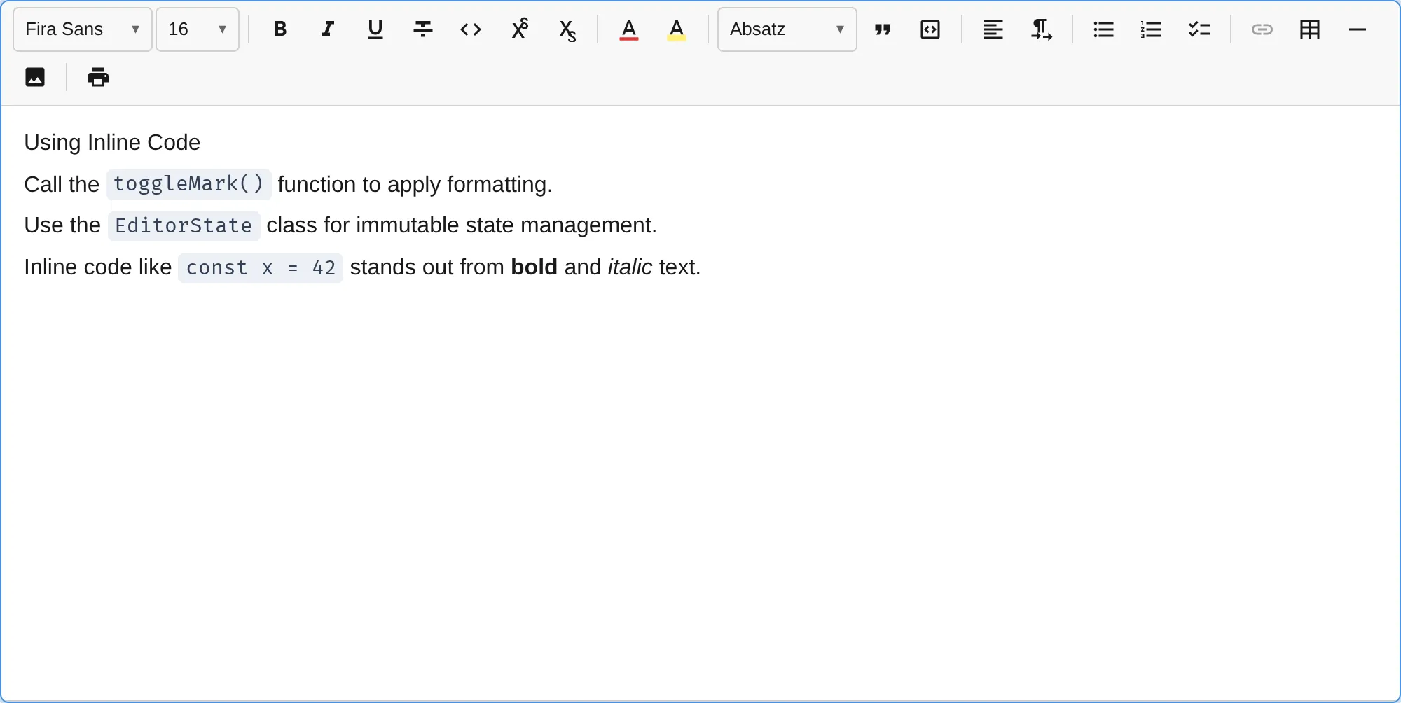 Inline code formatting in the editor