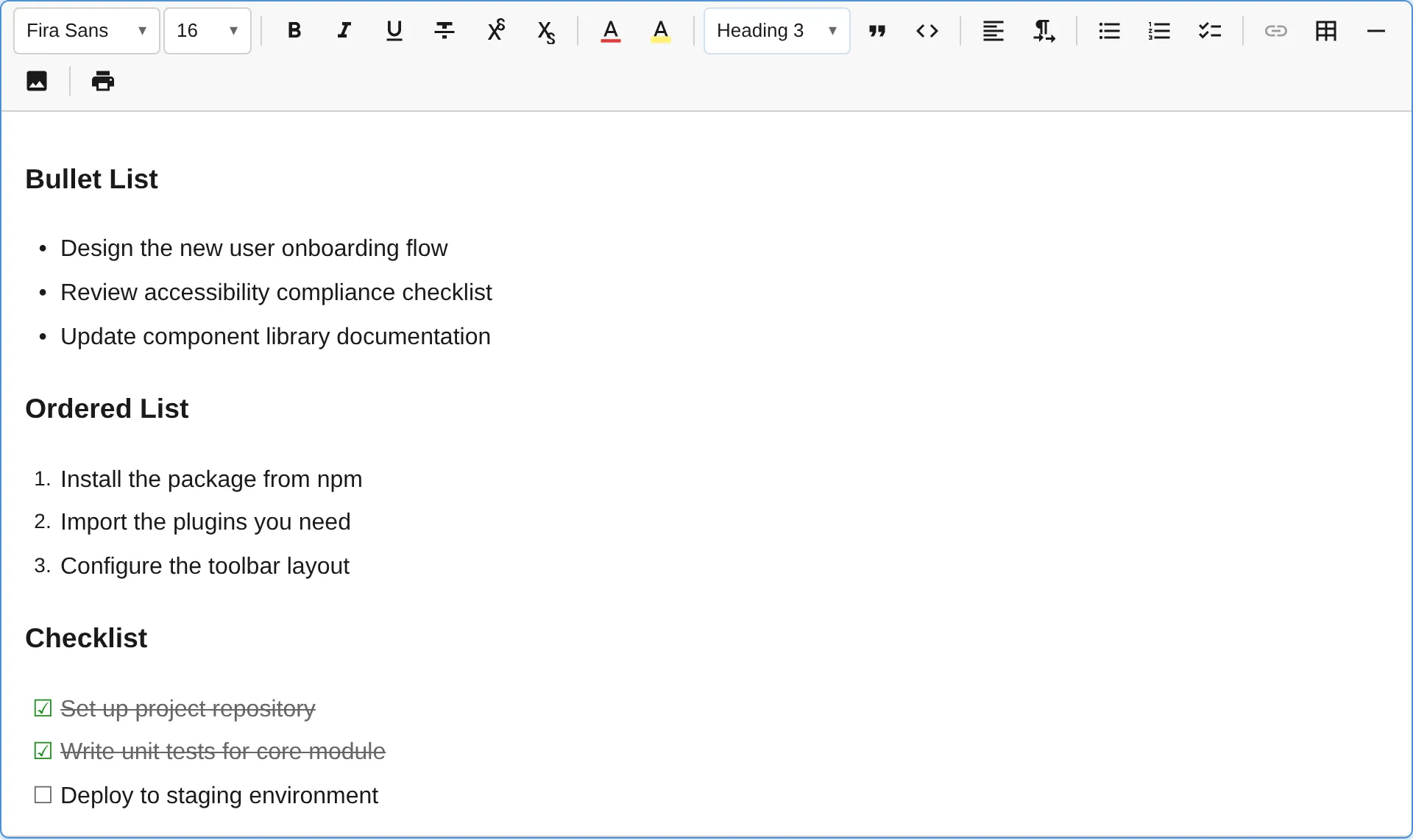 List plugin with bullet, ordered, and checklist