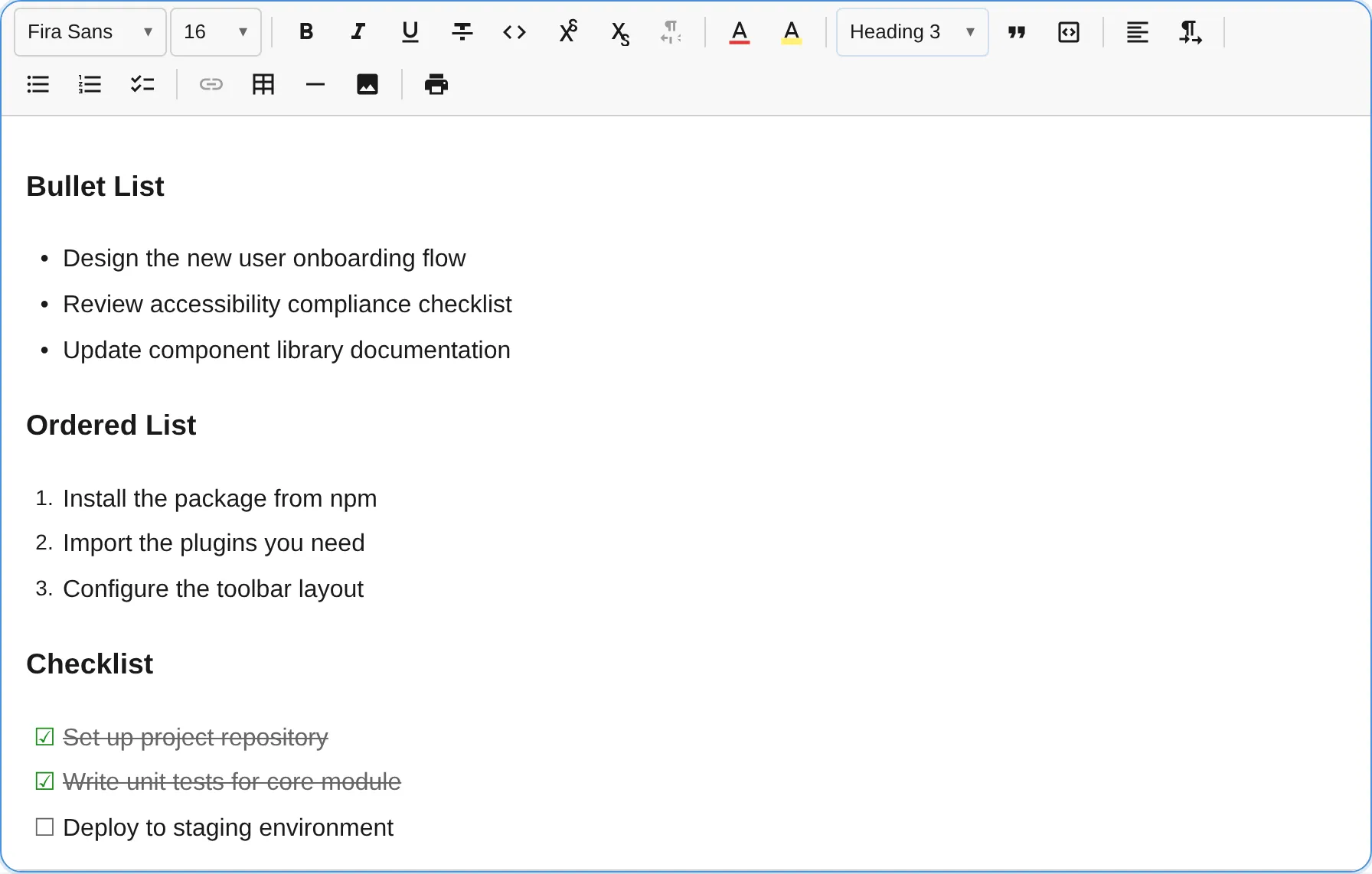 List plugin with bullet, ordered, and checklist