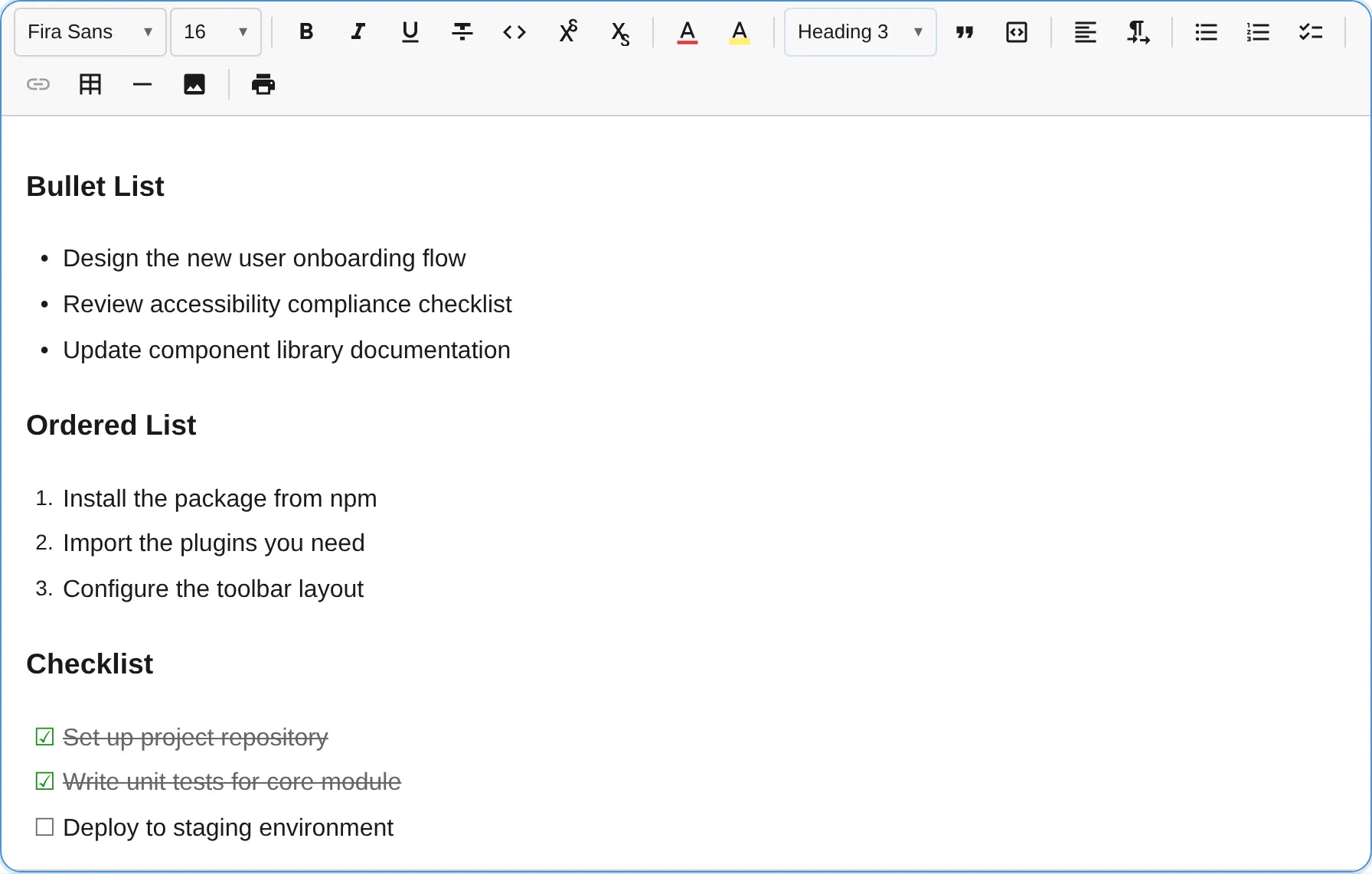 List plugin with bullet, ordered, and checklist