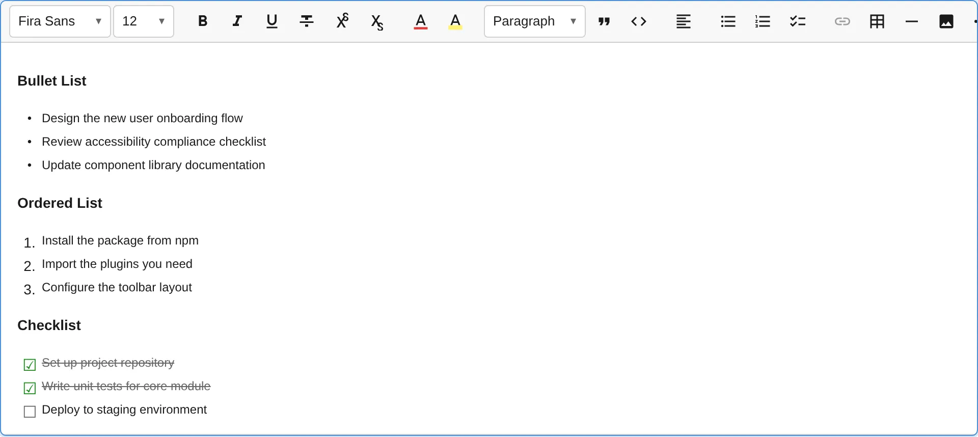 List plugin with bullet, ordered, and checklist