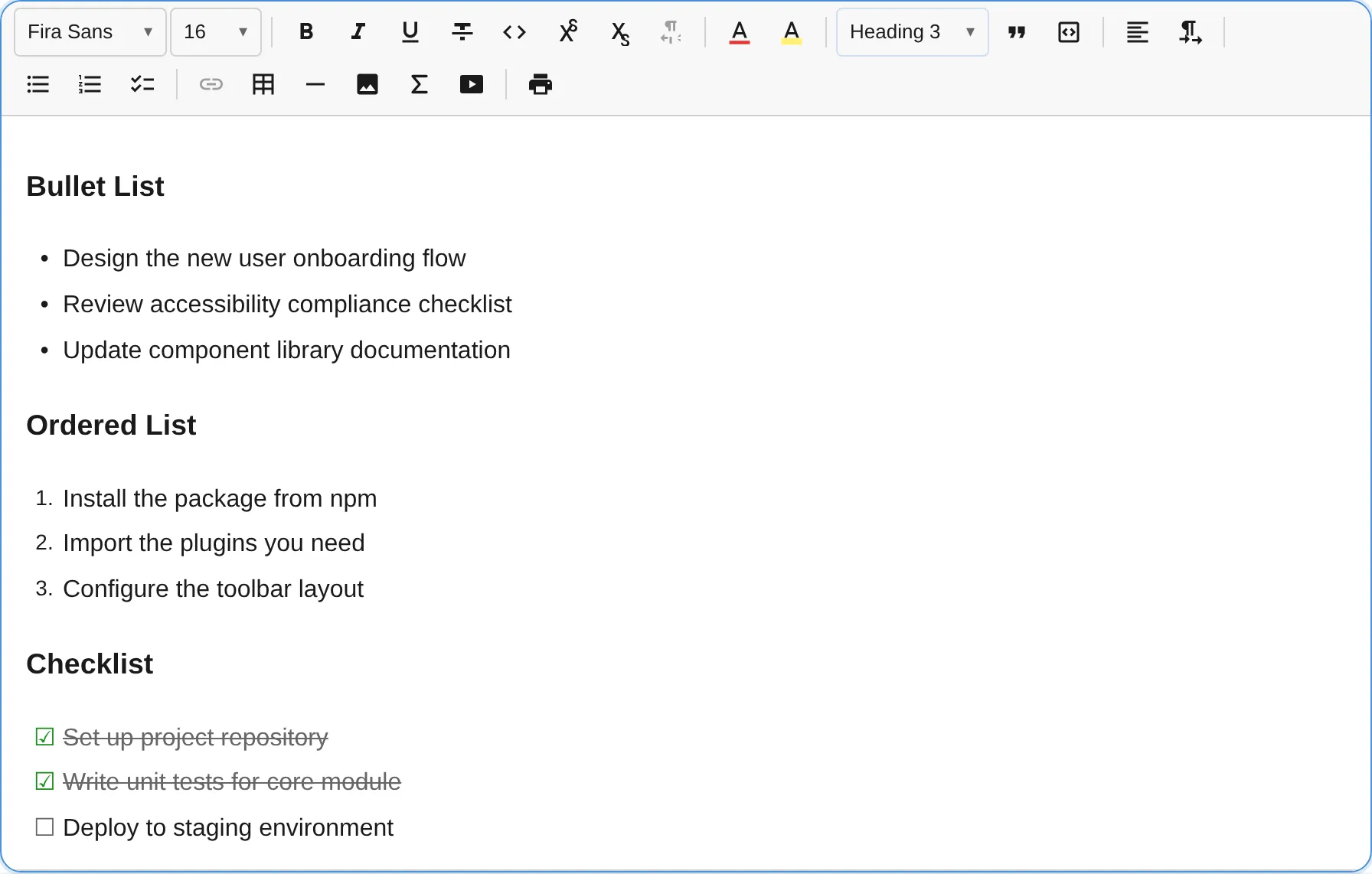 List plugin with bullet, ordered, and checklist