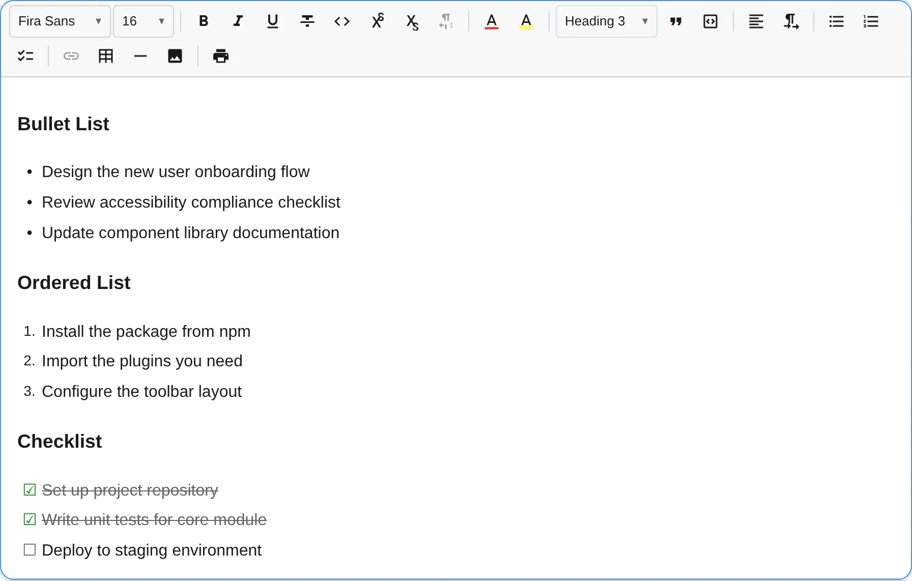 List plugin with bullet, ordered, and checklist