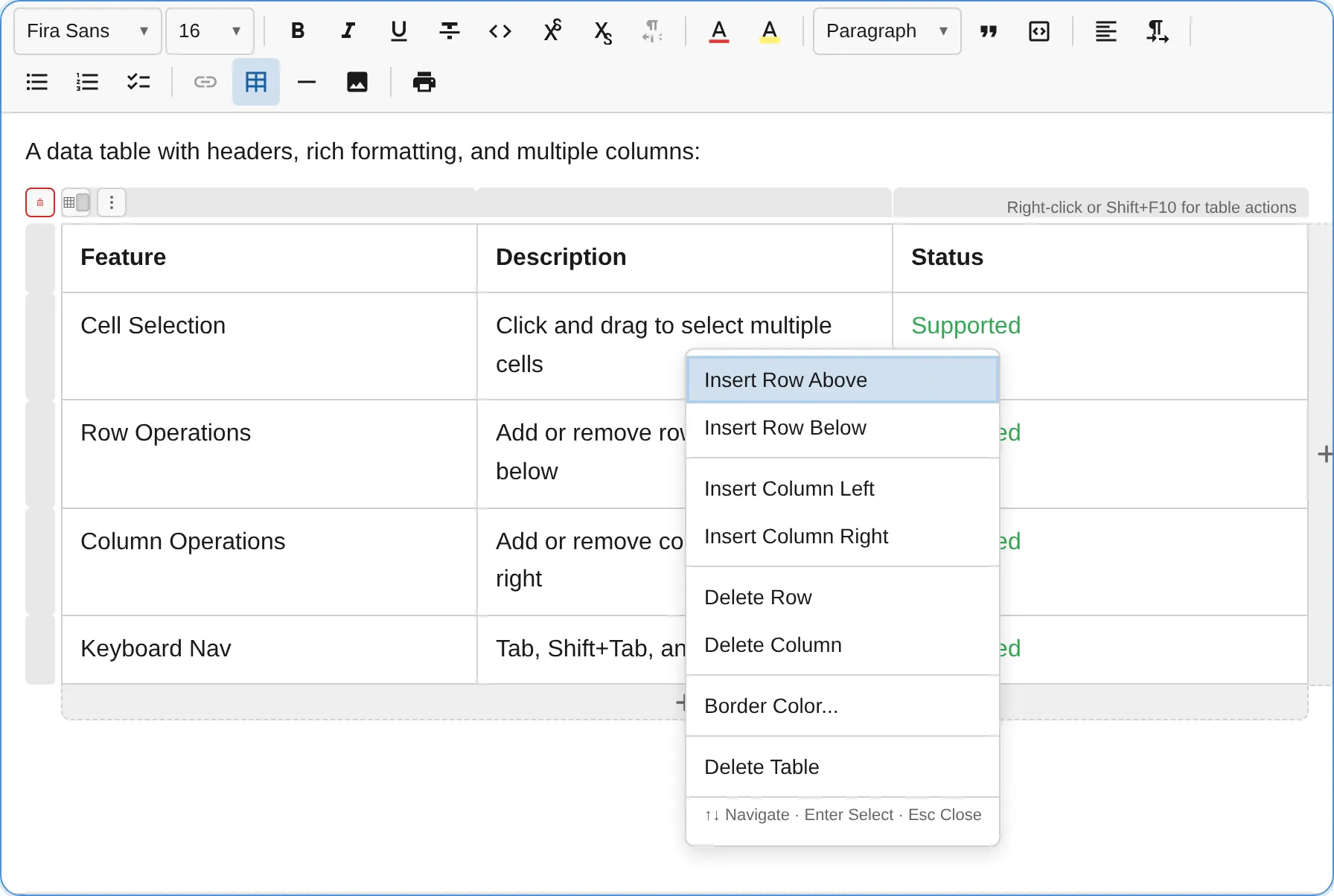 Table context menu