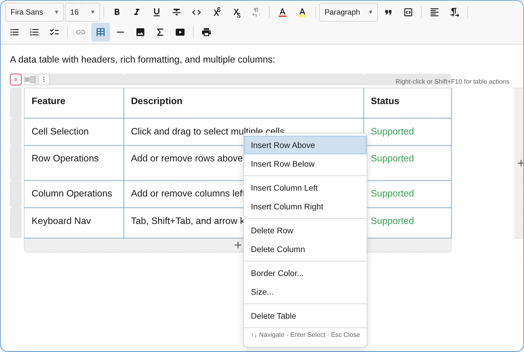 Table context menu