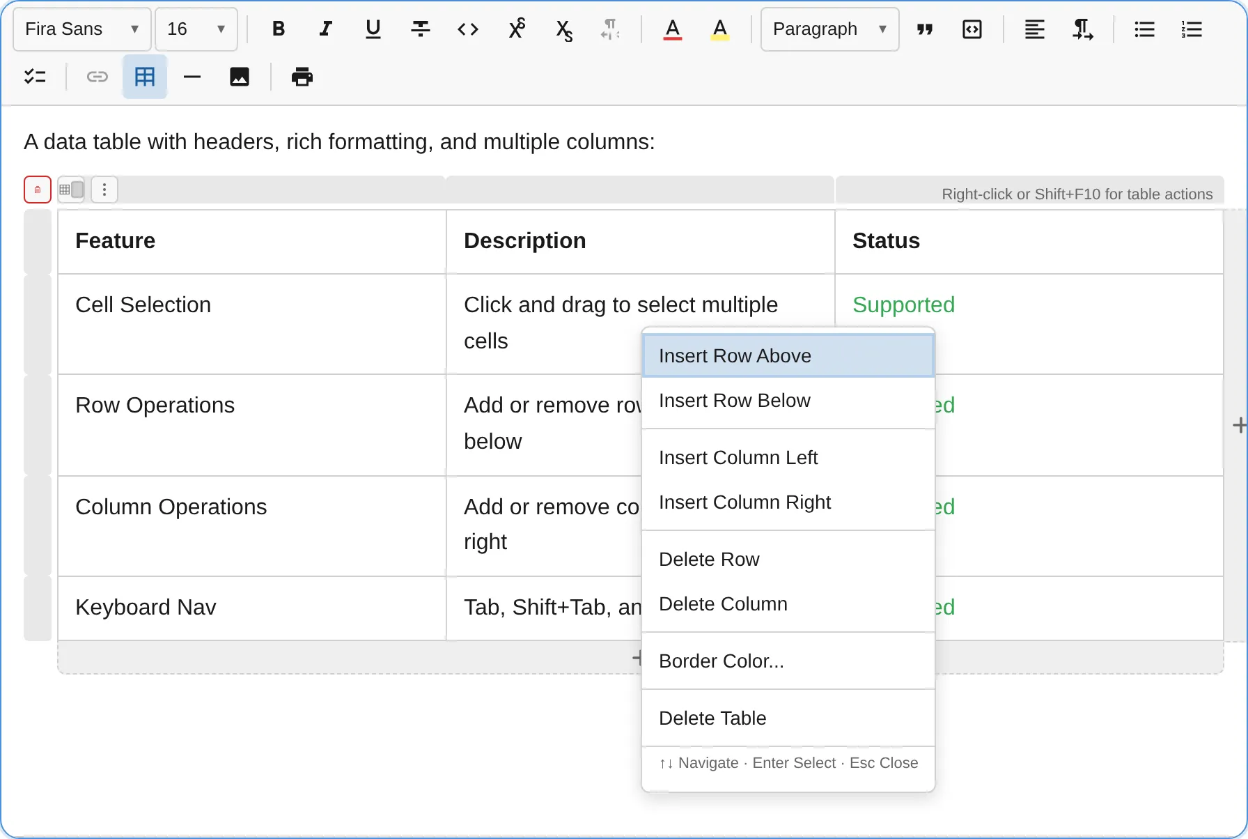 Table context menu