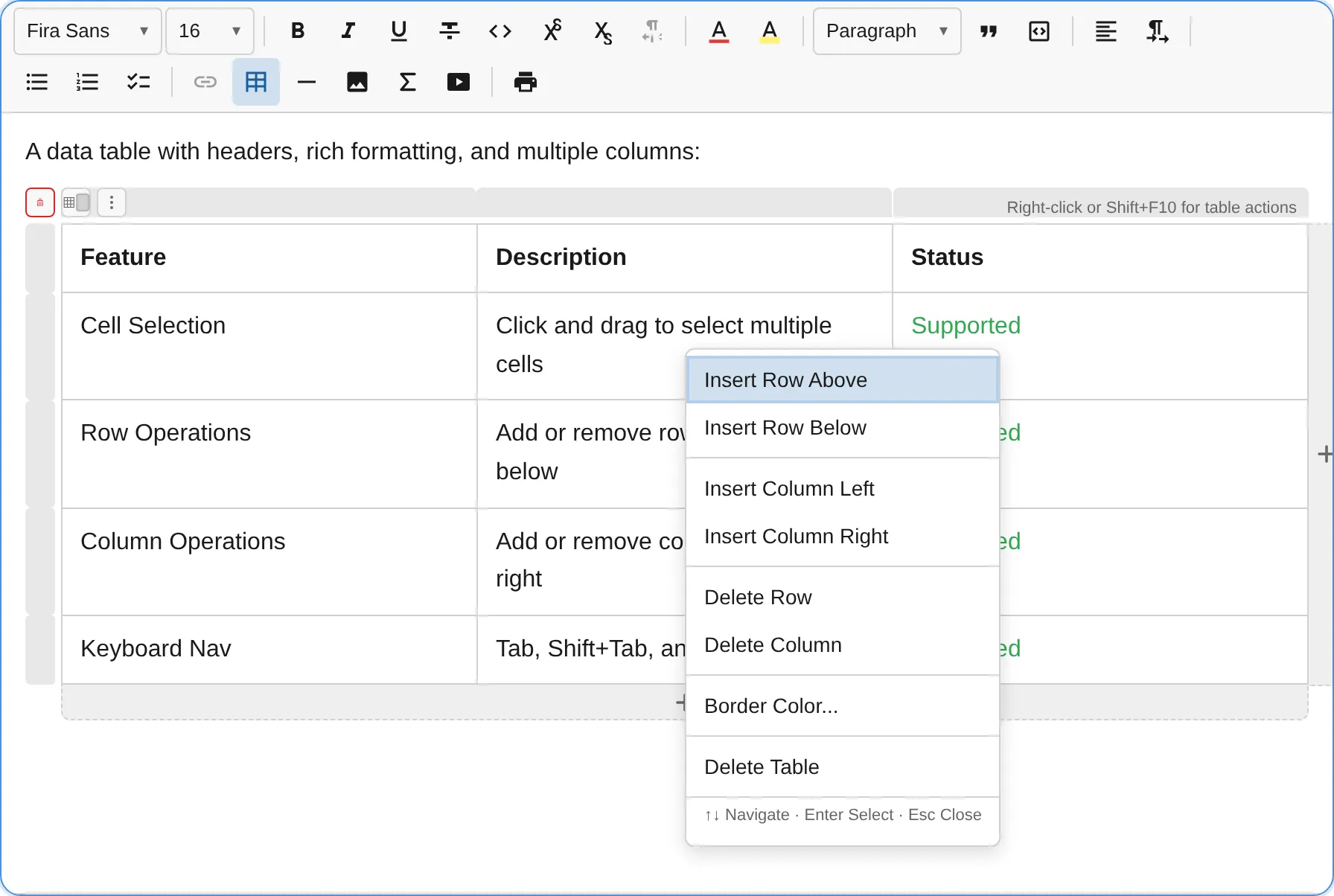 Table context menu
