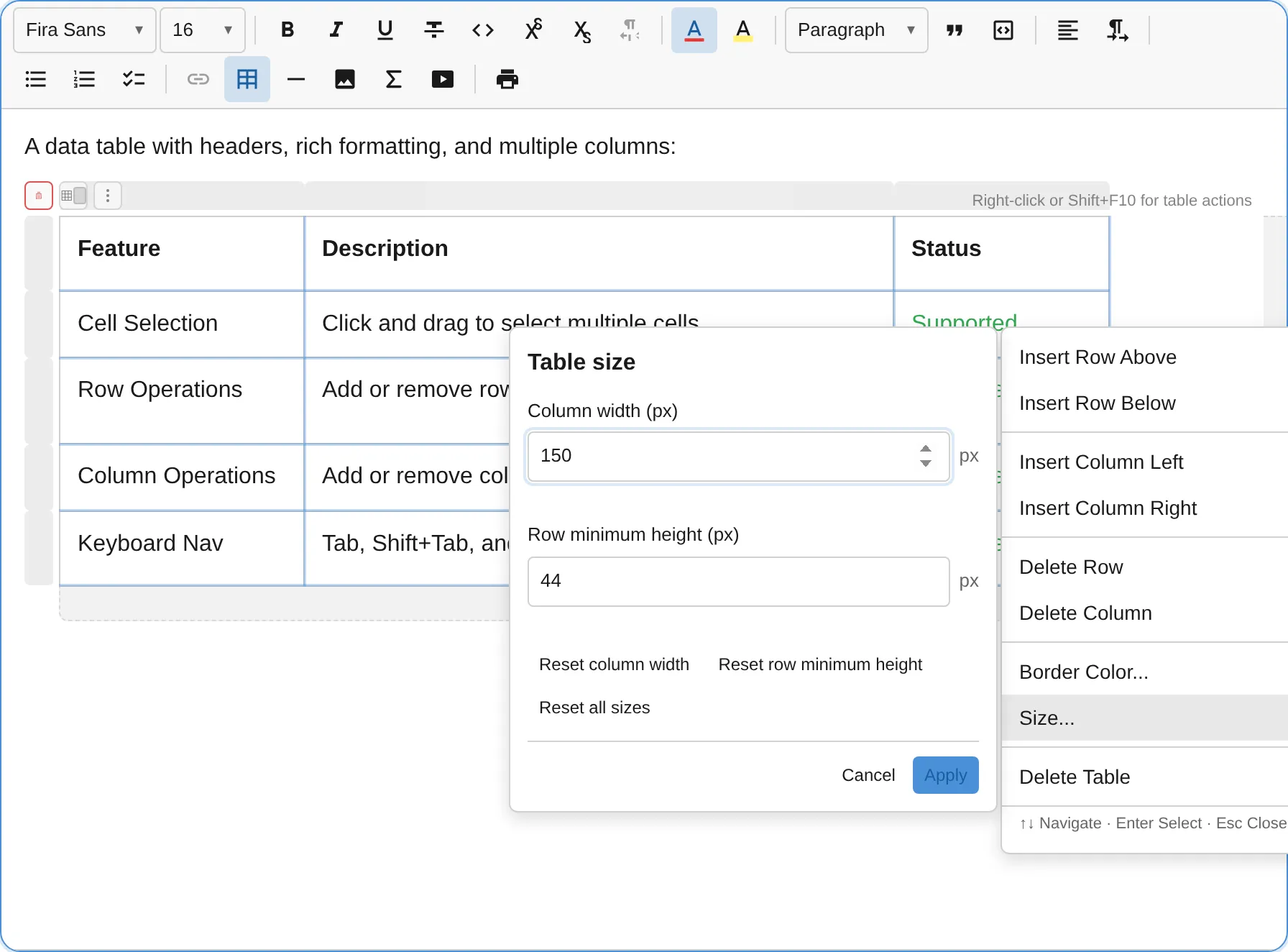 Precise table size dialog